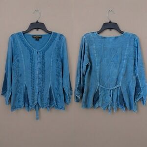 Agan Traders Blue Embroidered Top Boho Crochet Medieval Renaissance Fairy Large